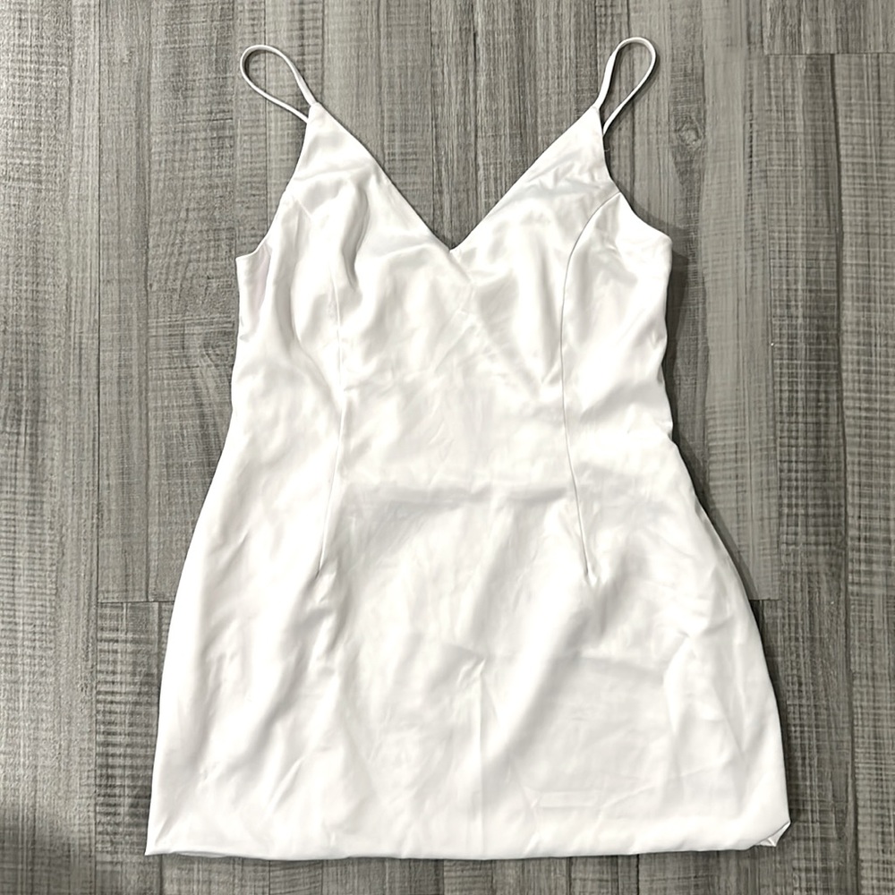 AKIRA White Into You Sleeveless Spaghetti Strap Satin Mini Dress